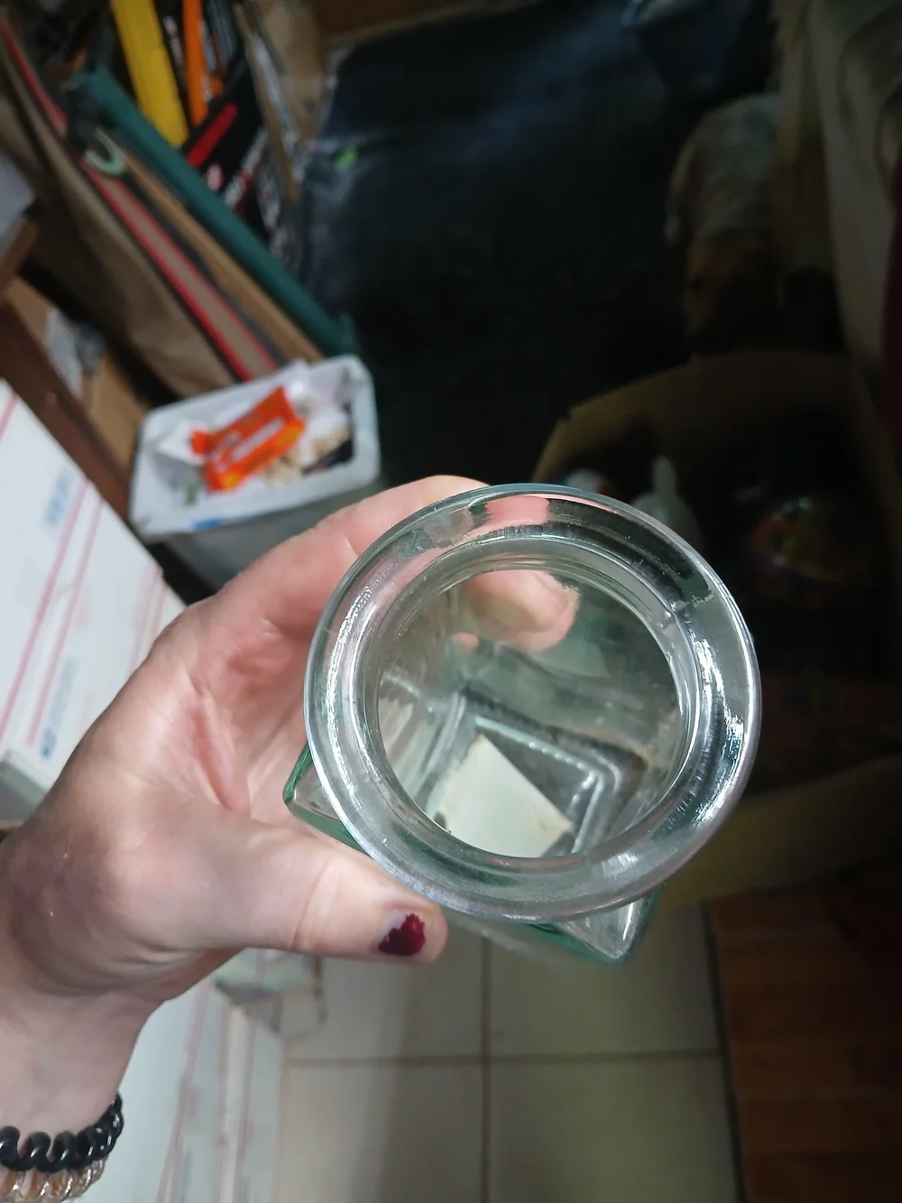vintage square clear glass storage canister, possibly from brands like Anchor Ho